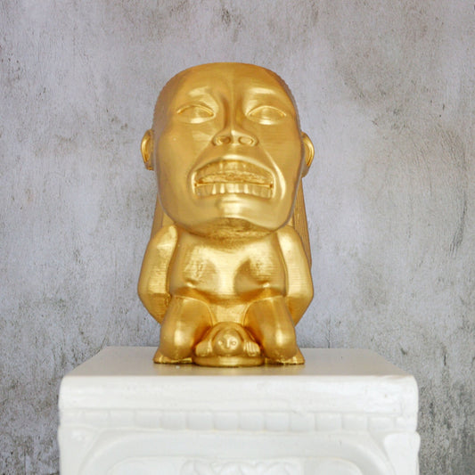 This is a 3D printed replica of the fertility idol from Indiana Jones and The Raiders of The Lost Ark. It is painted using shiny gold paint.