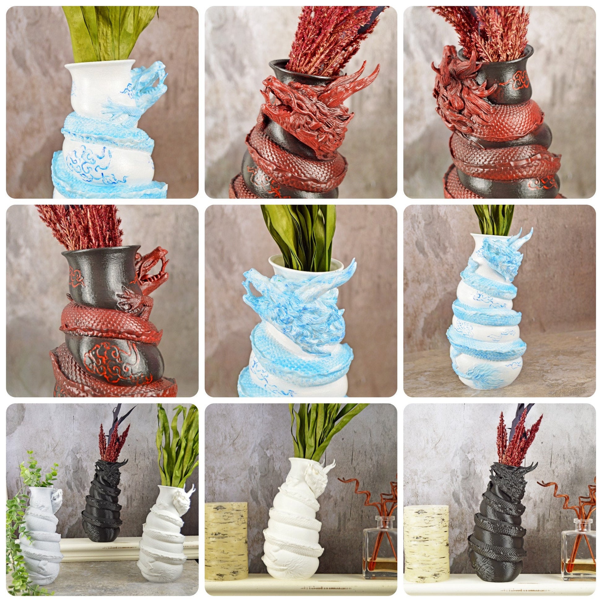 Chinese Dragon Vase, Unique Vases for Flowers, 3D Printed Flower Vase, Red and Black Vases, White and Blue Vase, Marble Vase for Flowers