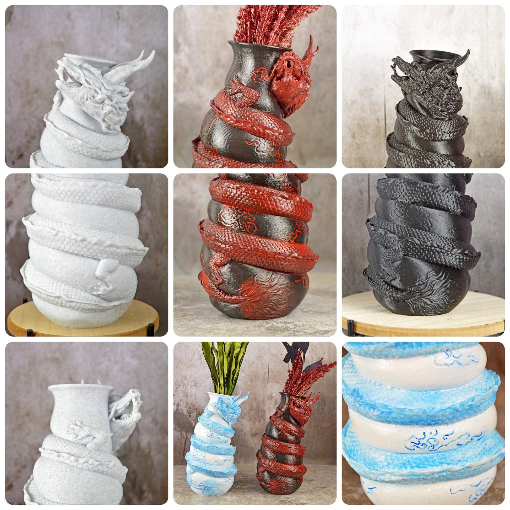 Chinese Dragon Vase, Unique Vases for Flowers, 3D Printed Flower Vase, Red and Black Vases, White and Blue Vase, Marble Vase for Flowers